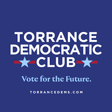Blue background with white text that reads 'Torrance Democratic Club' and 'Vote for the Future' with red and white stars