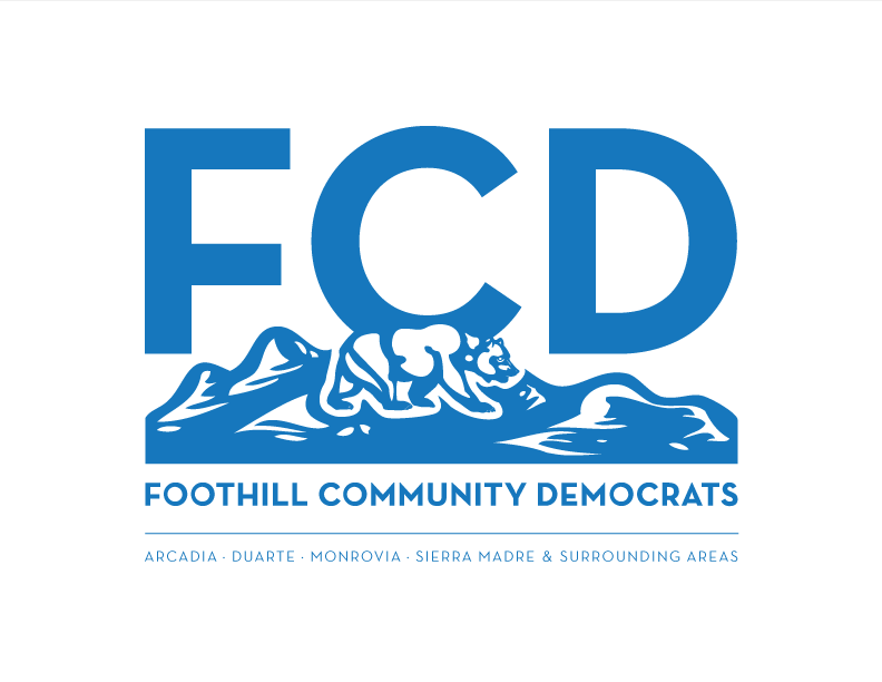 Logo for Foothill Community Democrats with large blue 'FCD' letters above a mountain lion illustration and text indicating the areas they serve.