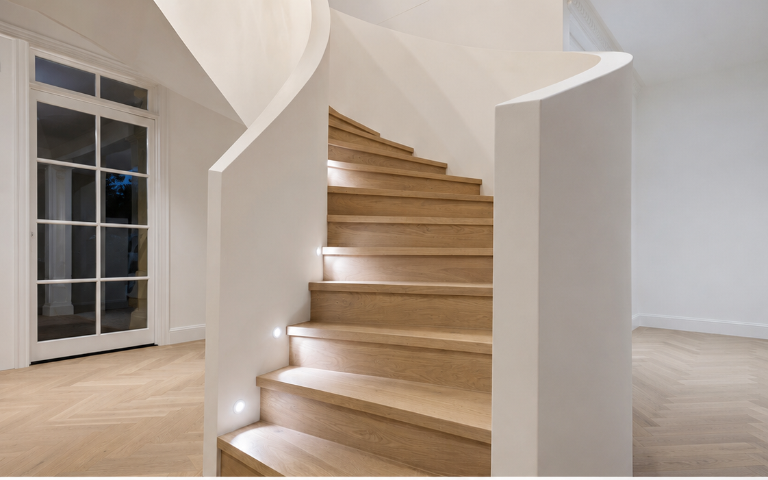 Sensor LED lighting installed in luxury winding staircase