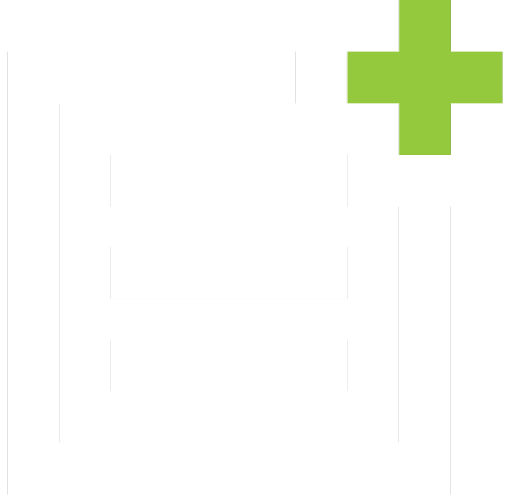 Icon of a prescription document with a green plus symbol in the top right corner.