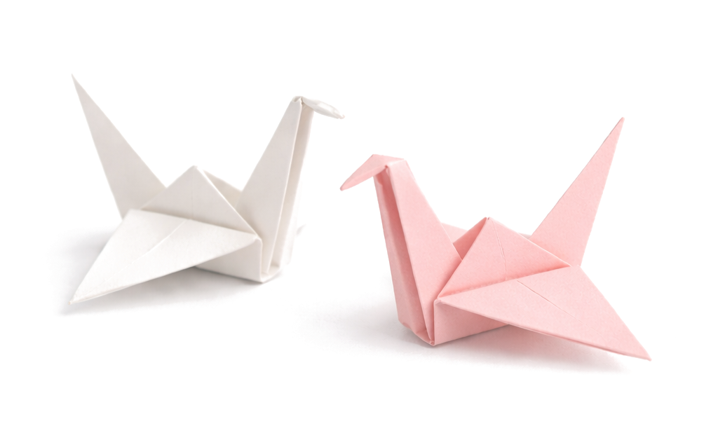 Two origami cranes, one white and one pink, on a plain background.