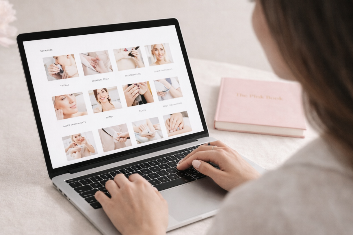 Person browsing a skincare or cosmetic service website on a laptop, with a pink book titled 'The Pink Book' on a white surface nearby.