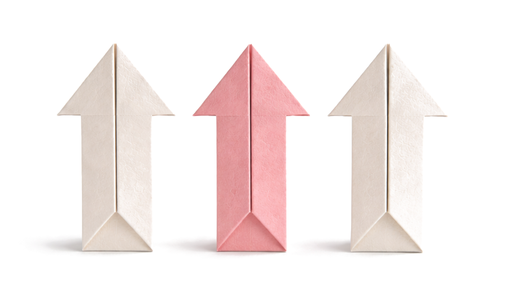 Three paper house models, with the middle one pink and the two on either side white, are aligned in a row with arrow shapes pointing outward.