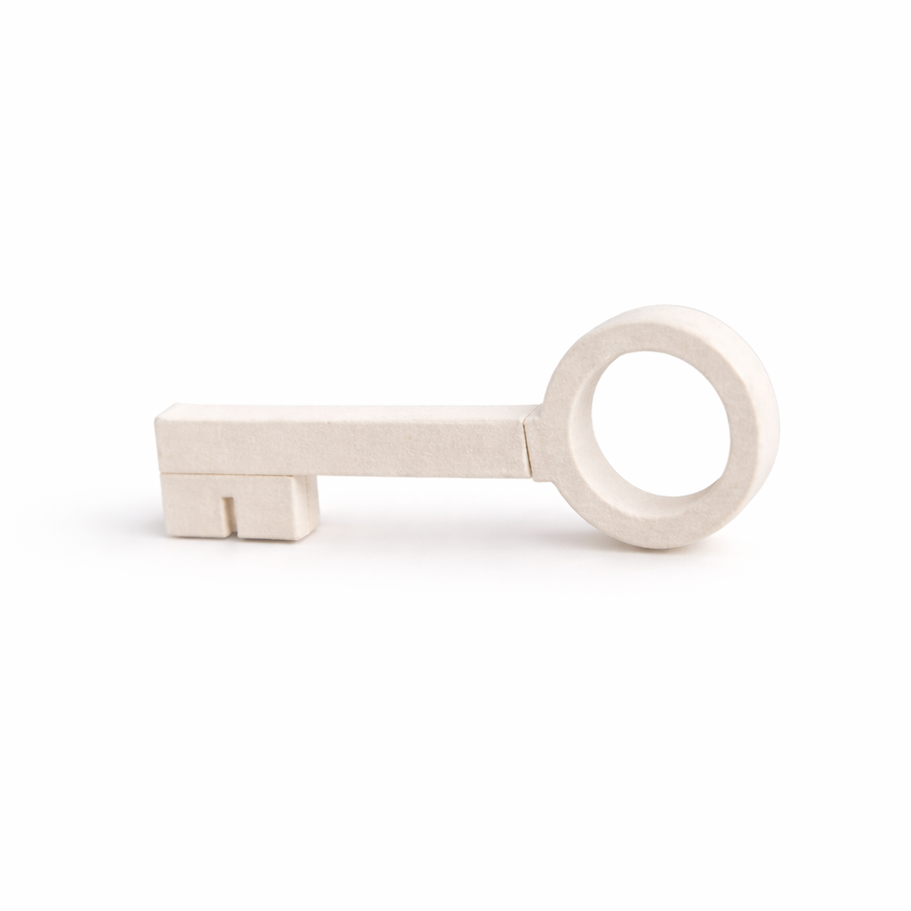 A white minimalist wooden key with a circular handle on a white background.