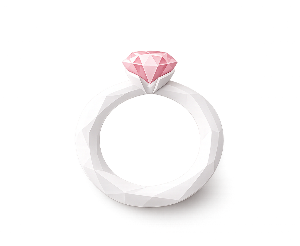 A white ring-shaped jewelry piece with a large pink gemstone on top, set against a dark background with red and white lighting effects.