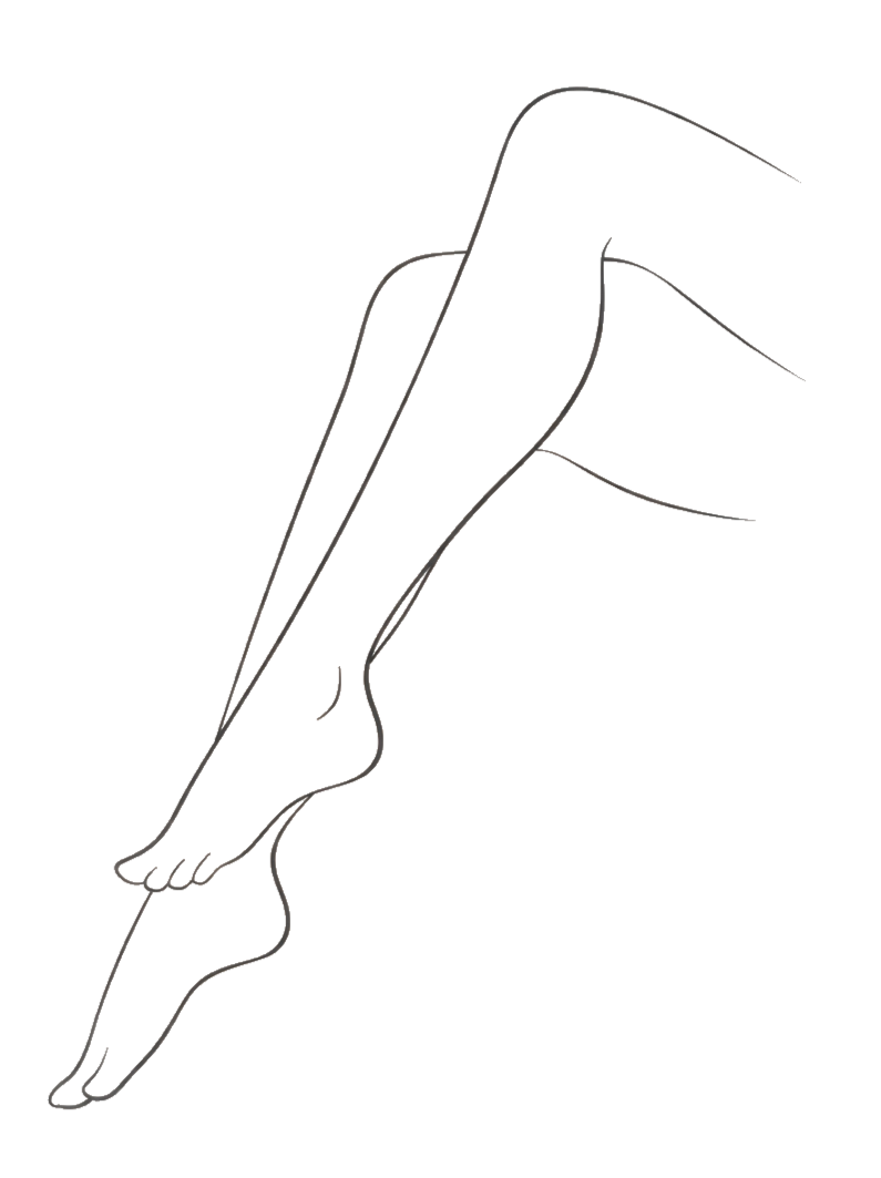 Line drawing of a woman in high heels touching her foot, showcasing her legs and footwear.