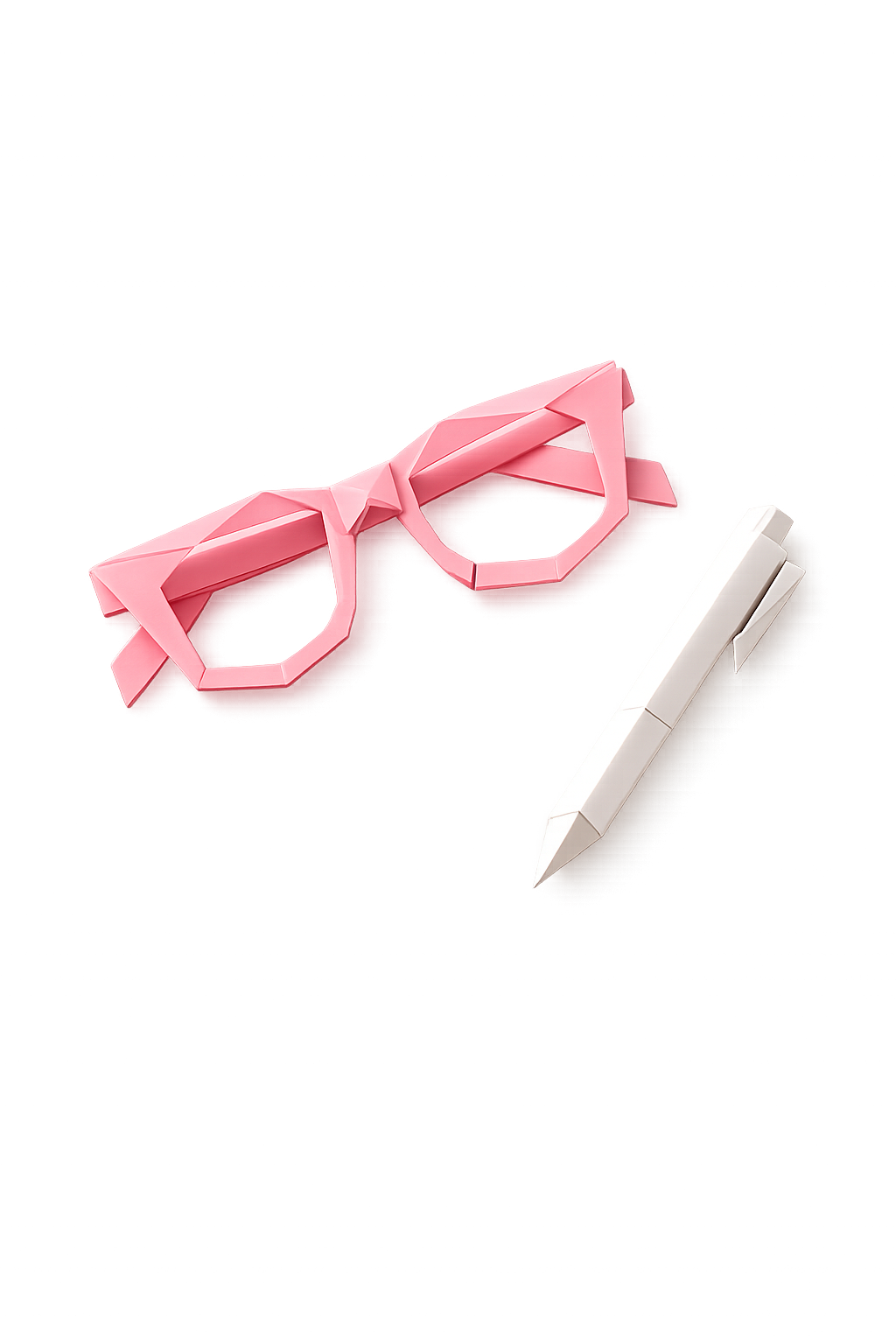 A pair of pink 3D glasses and a white stylus pen resting on a reflective surface with a colorful, abstract background.