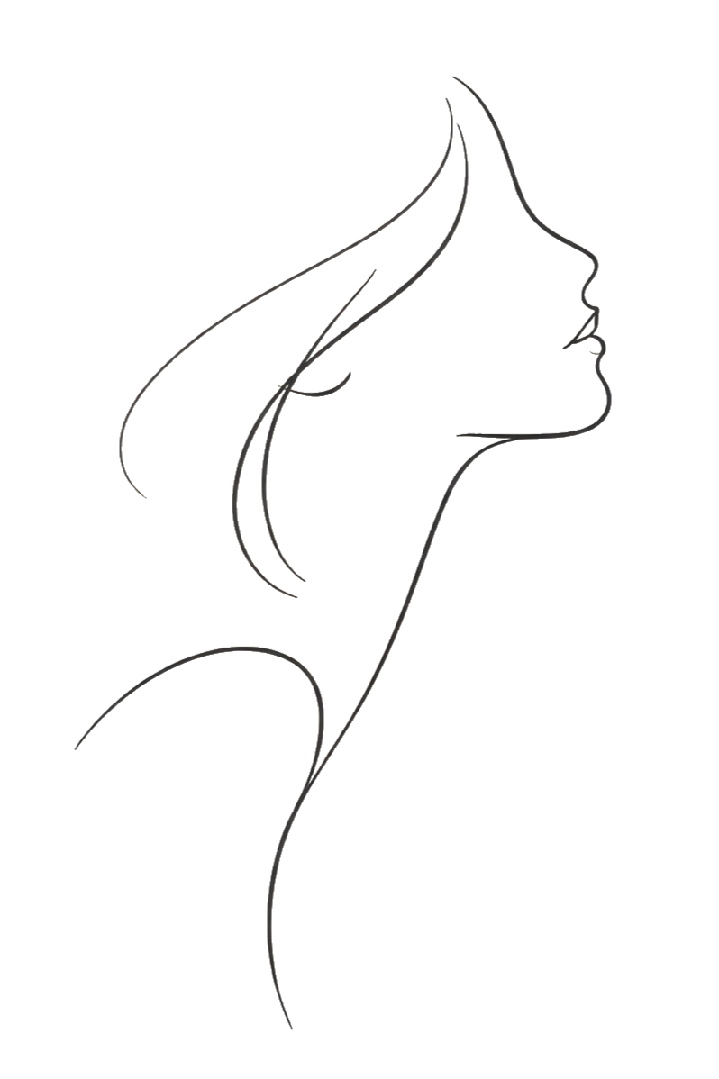 Line drawing of a woman's profile with long flowing hair and closed eyes.