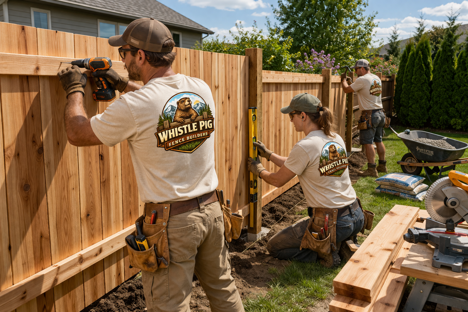 Three people working together to build a wooden fence in a backyard, with various tools and materials around.