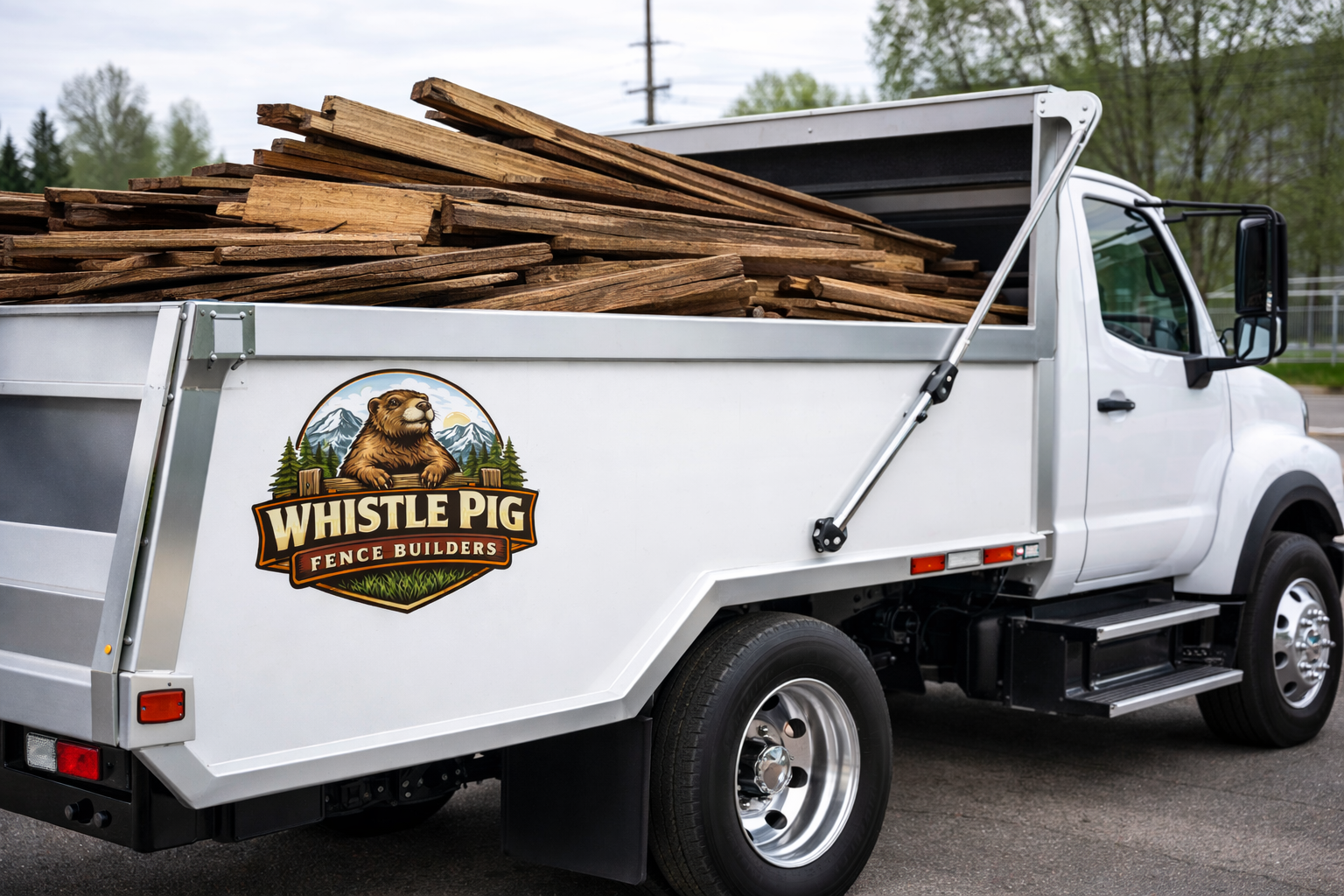A white dump truck loaded with wooden planks parked outdoors, featuring a logo for Whistle Pig Fence Builders with a bear, mountains, and trees.