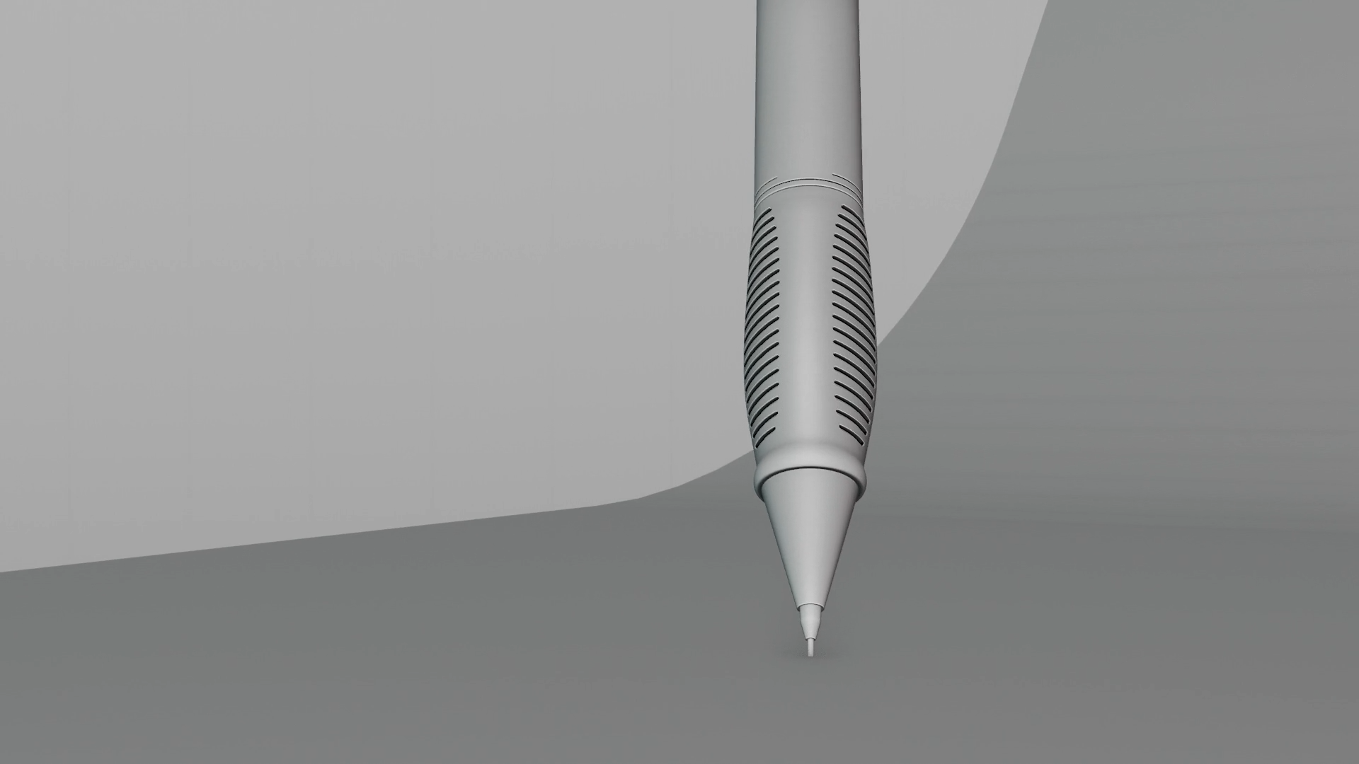 A clay render of a mechanical pencil writing on a surface, with a plain gray background.