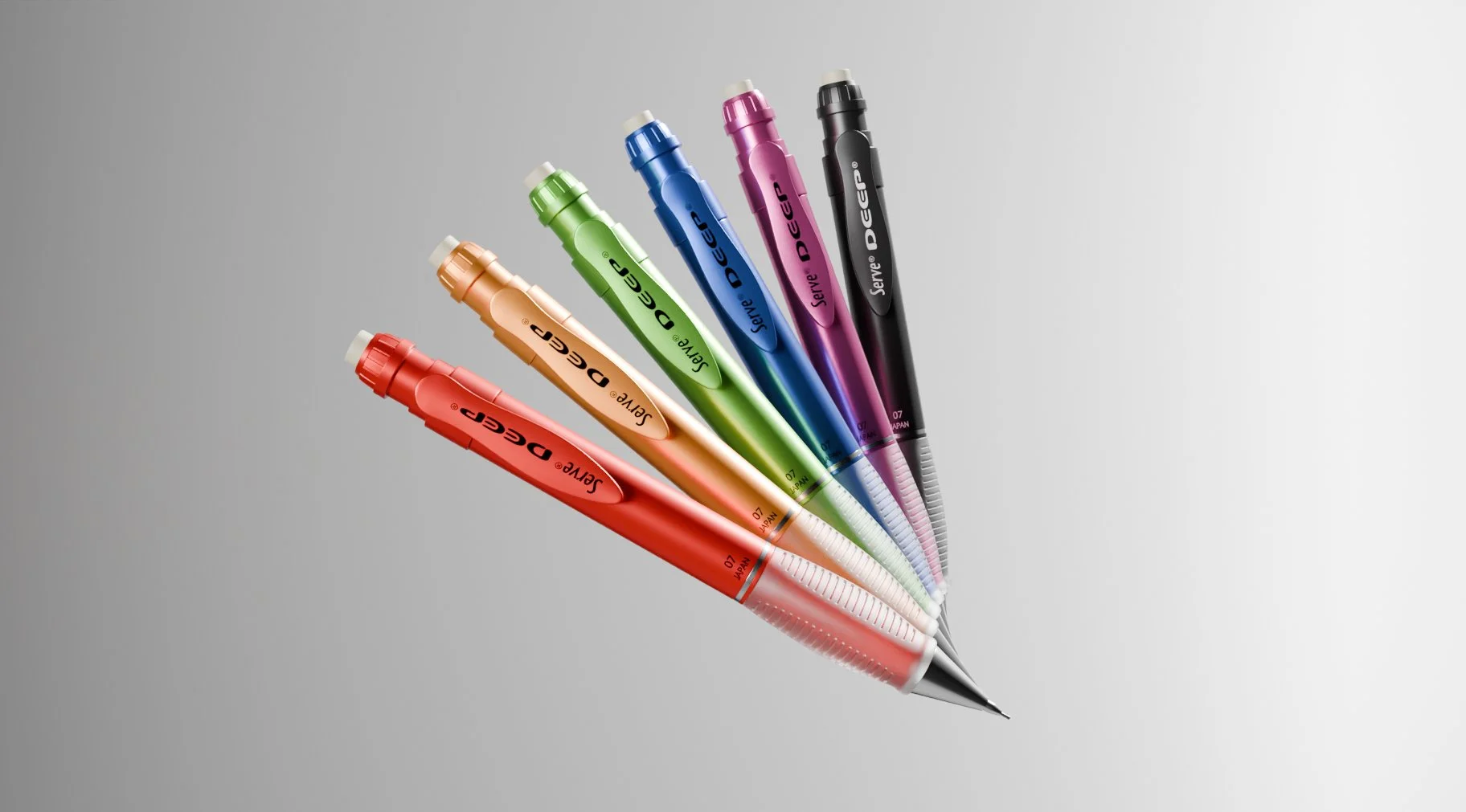 A 3D product render of six colorful pens arranged in a fan shape on a gray background, with visible brand and color labels.