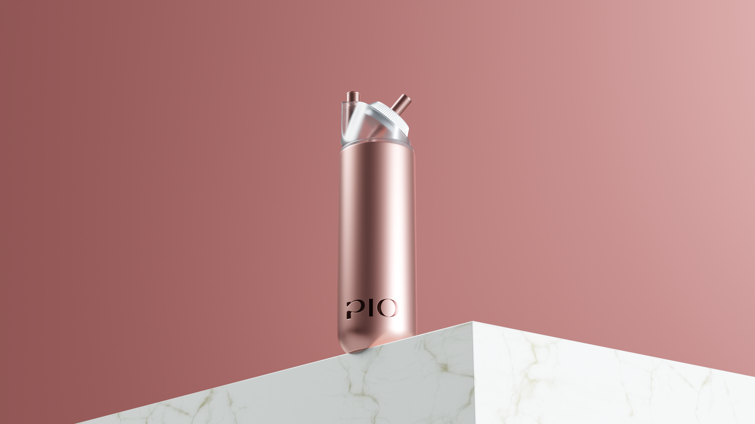 A 3D render of a rose gold water bottle with a metallic lid and straw, placed on a white marble surface against a pink background.