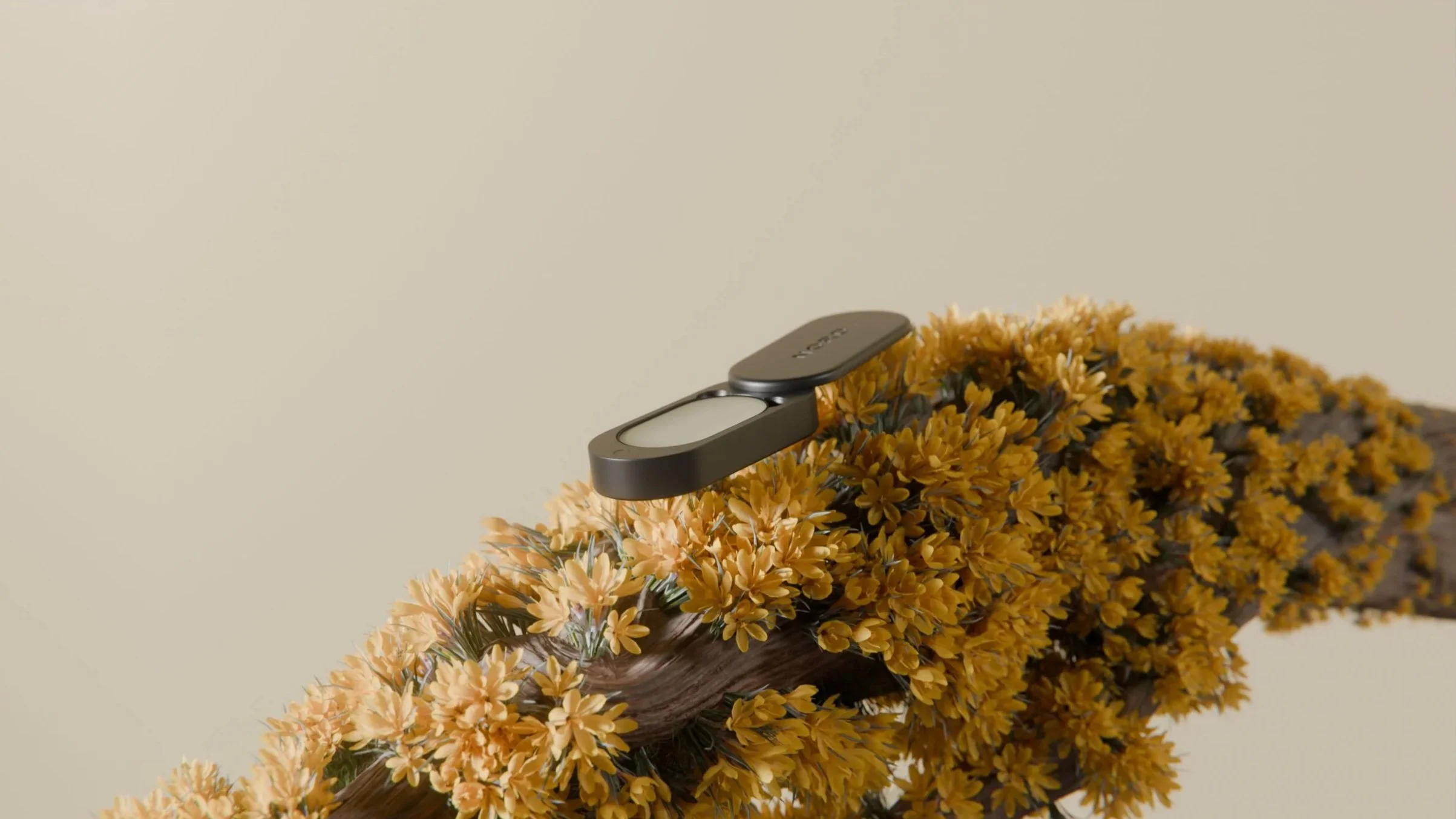 A 3D product render of a nord balm perfume on a branch of yellow flowers against a plain light background.