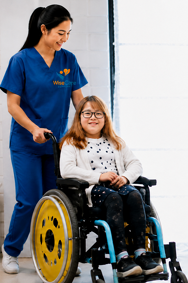 A healthcare professional pushes a woman in a wheelchair, both smiling, inside a bright room with a white brick wall and a window.