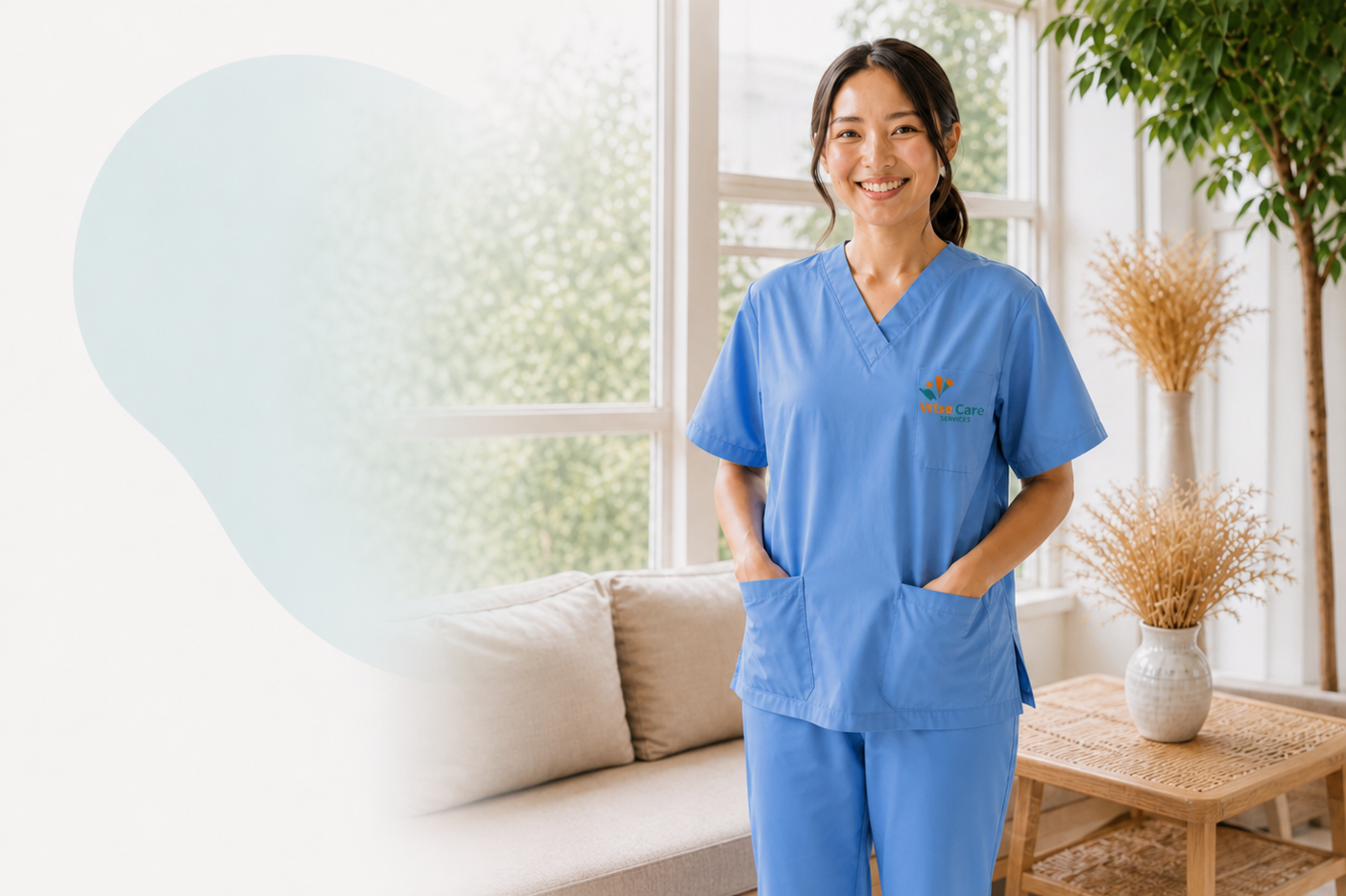 A smiling woman in blue healthcare scrubs standing indoors with hand in pocket, behind her a beige sofa and a wooden table with a white vase of dried flowers, large window with sunlight and greenery outside.
