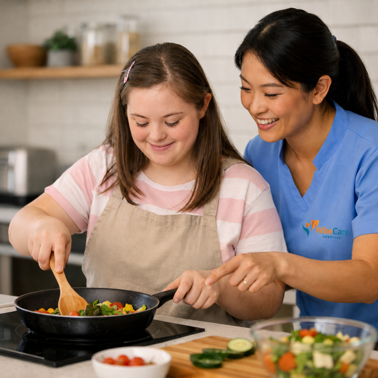 A young girl and a woman cooking together in a kitchen. The girl is stirring a colorful vegetable salad in a frying pan while the woman, wearing a blue uniform with a 'Wise Care Services' logo, points at her. There are bowls of vegetables on the counter.