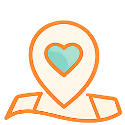 A stylized map pin with a turquoise heart inside, placed on a map with orange outlines.