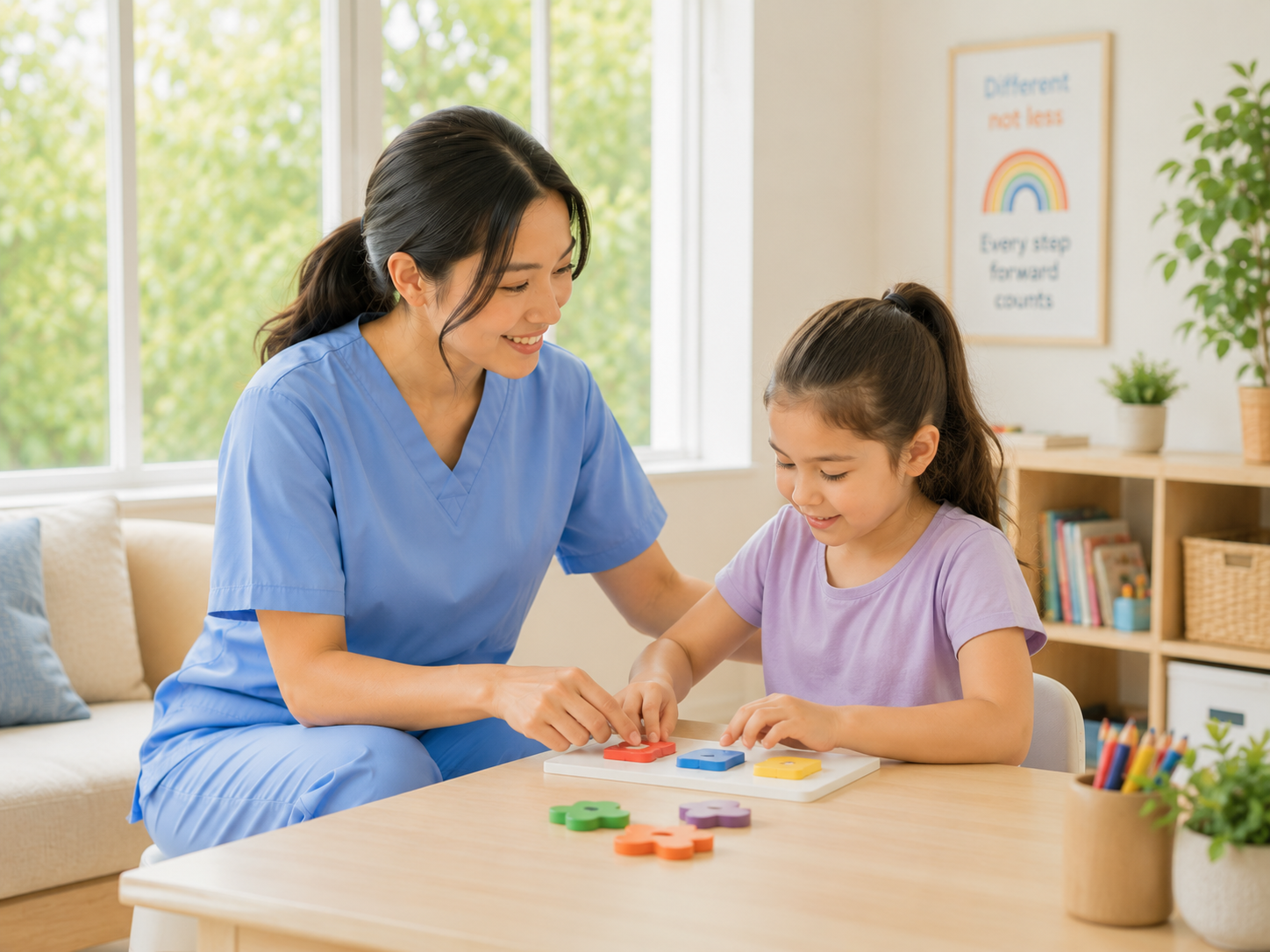 A nurse and a young girl playing a colorful puzzle game together at a table in a bright room with a bookshelf and a motivational poster.
