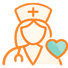 Cartoon nurse with a white hat featuring a red cross and holding a blue heart
