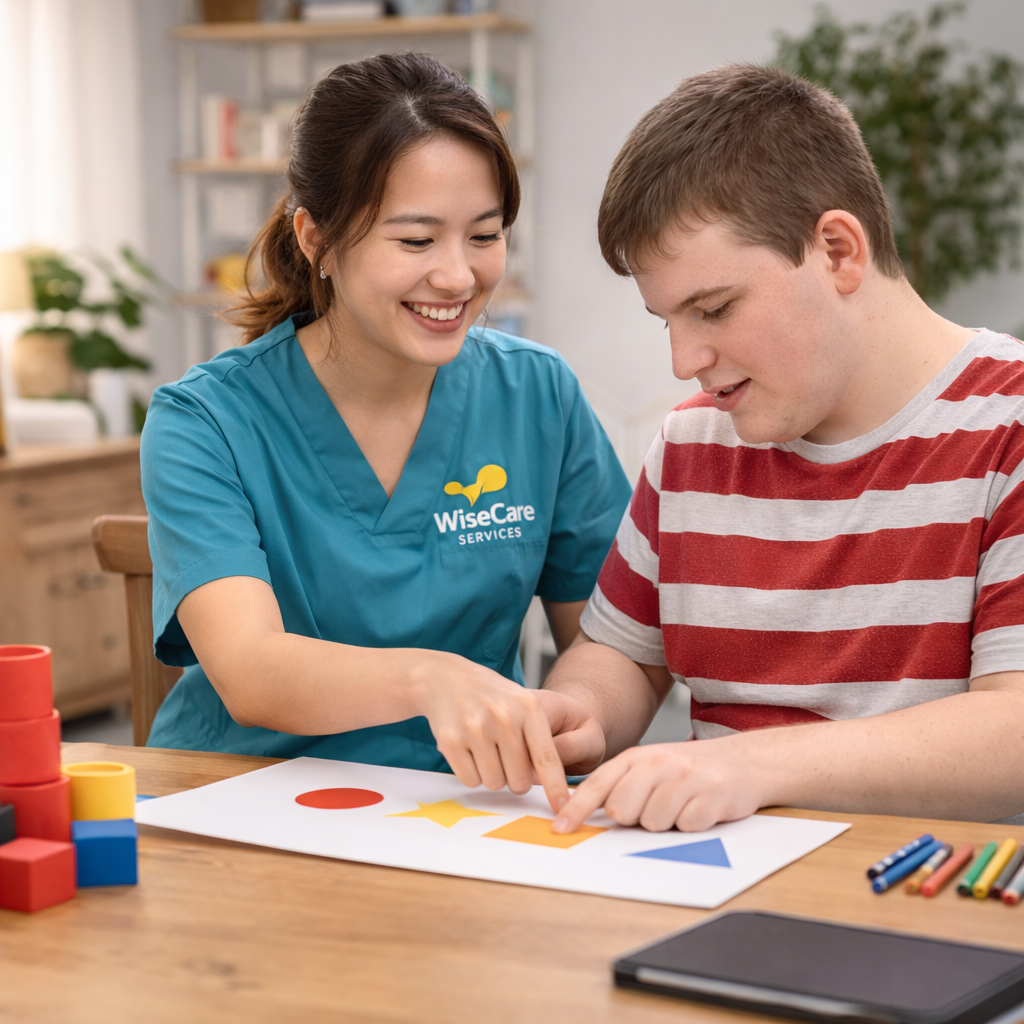 A woman in a blue medical uniform assisting a young man with a shape-matching activity at a table with colored blocks, markers, and paper.