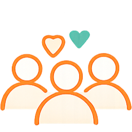 Illustration of three people with speech bubbles above their heads, two hearts floating above them, and pink accents.