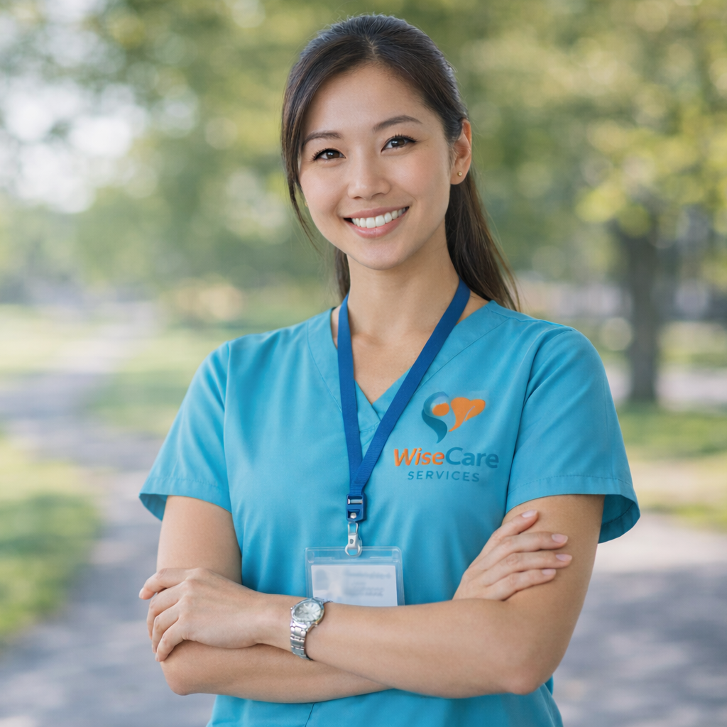 A smiling woman wearing blue healthcare scrubs with a WiseCare Services logo, a watch, and an ID badge, standing outdoors with trees and a park background.