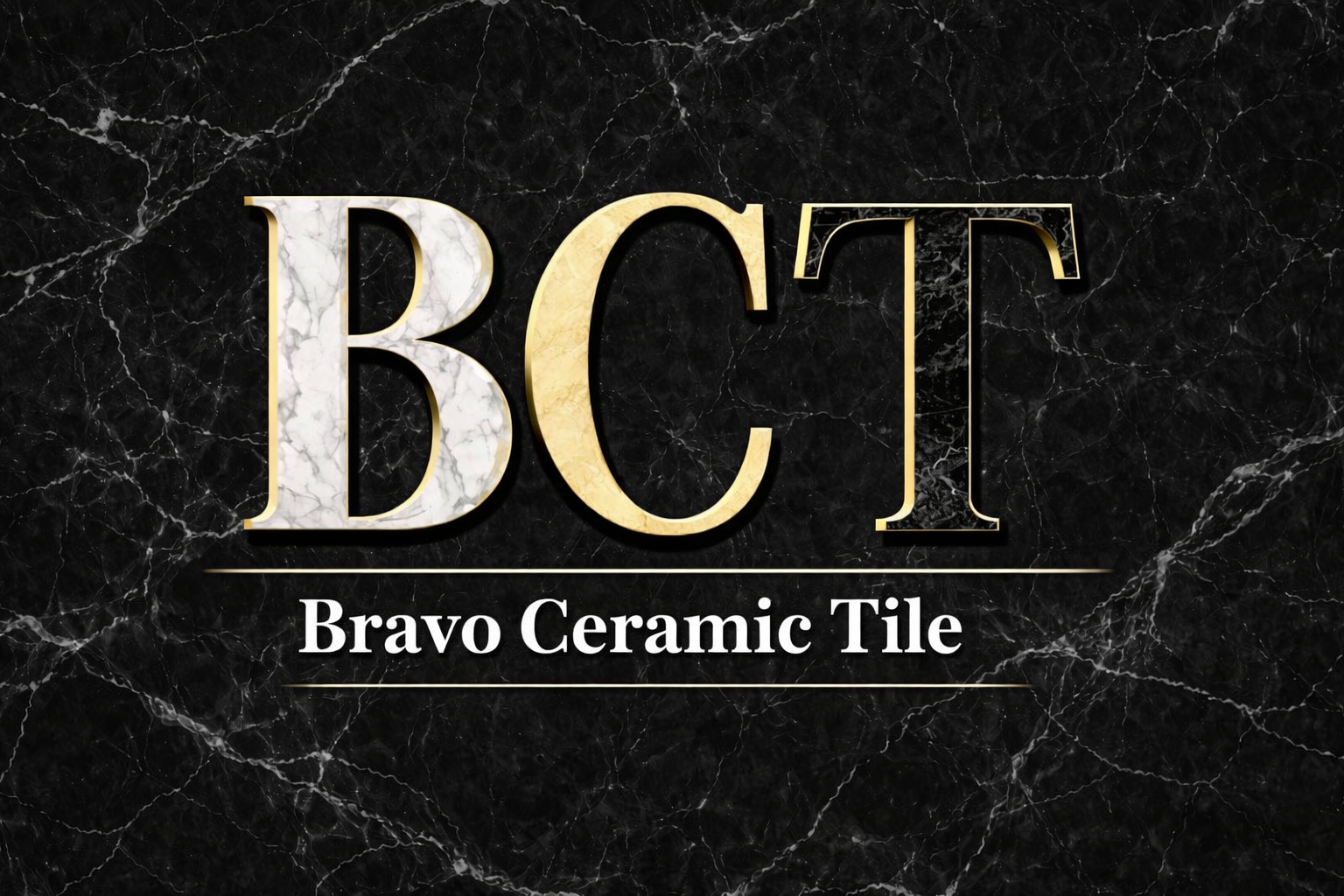 Logo for Bravo Ceramic Tile with the letters 'BC' in marble and gold on a black marble background, and the text 'Bravo Ceramic Tile' below