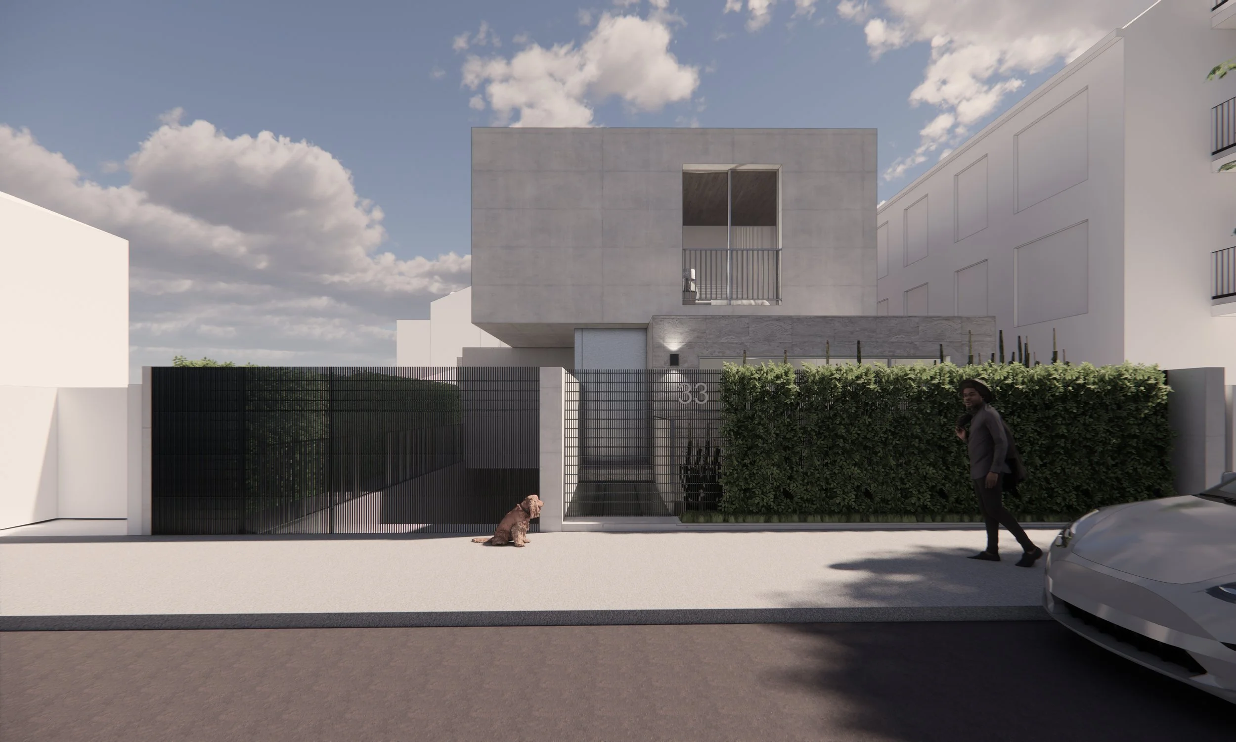 Modern residential building with a concrete facade, a balcony, and a gated entrance number 38. A man walks on the sidewalk, and a dog is sitting outside the gate. A white car is partly visible on the street.