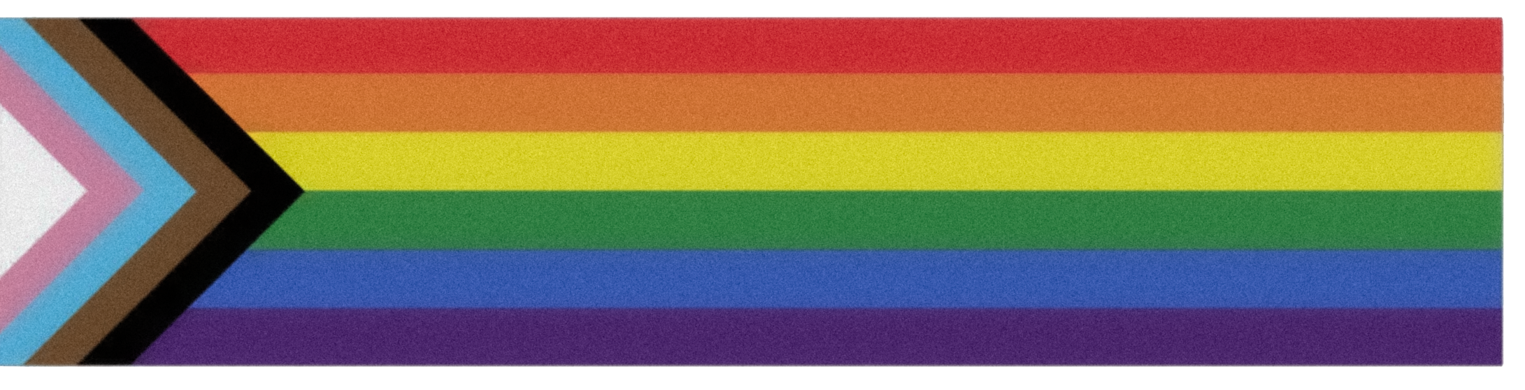 A rainbow-colored pride flag with a black and brown stripe on the left and a pastel-colored Chevron pattern on the left side.