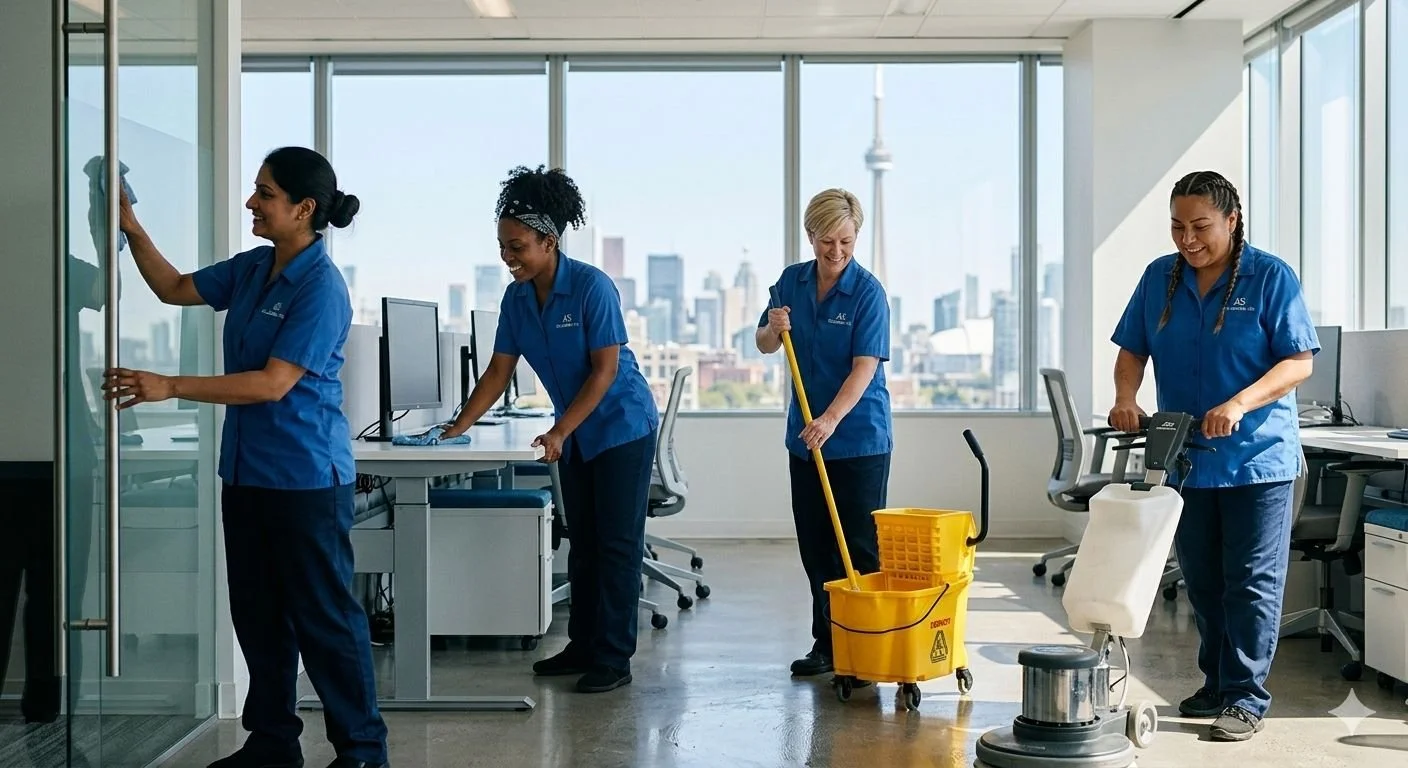 Four women in blue uniforms cleaning an office with large windows and a city skyline view. One is wiping a glass door, another is mopping, another is sweeping, and the last is vacuuming.