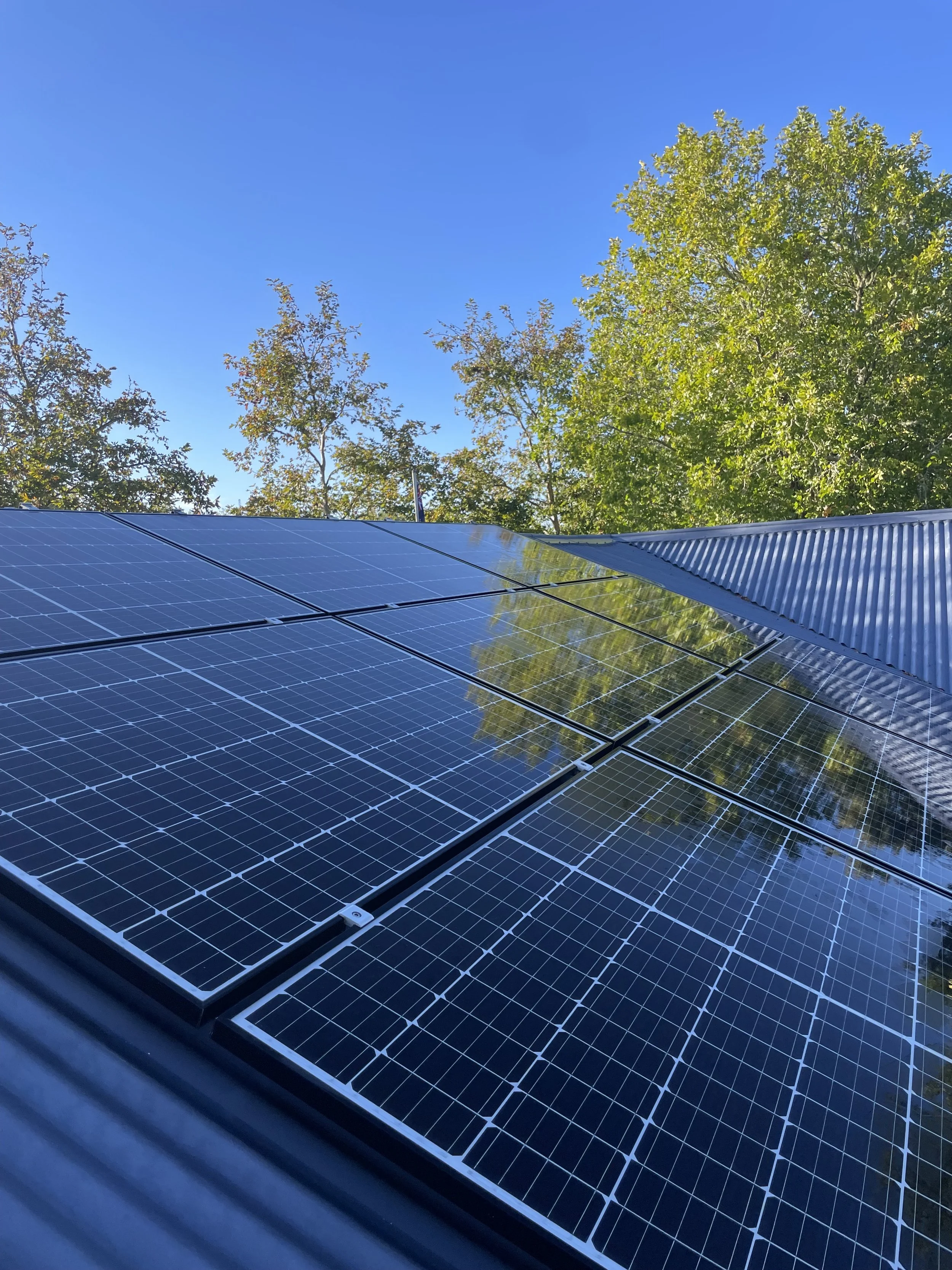 Photo of solar panels installed on a roof, with trees and a blue sky in the background.