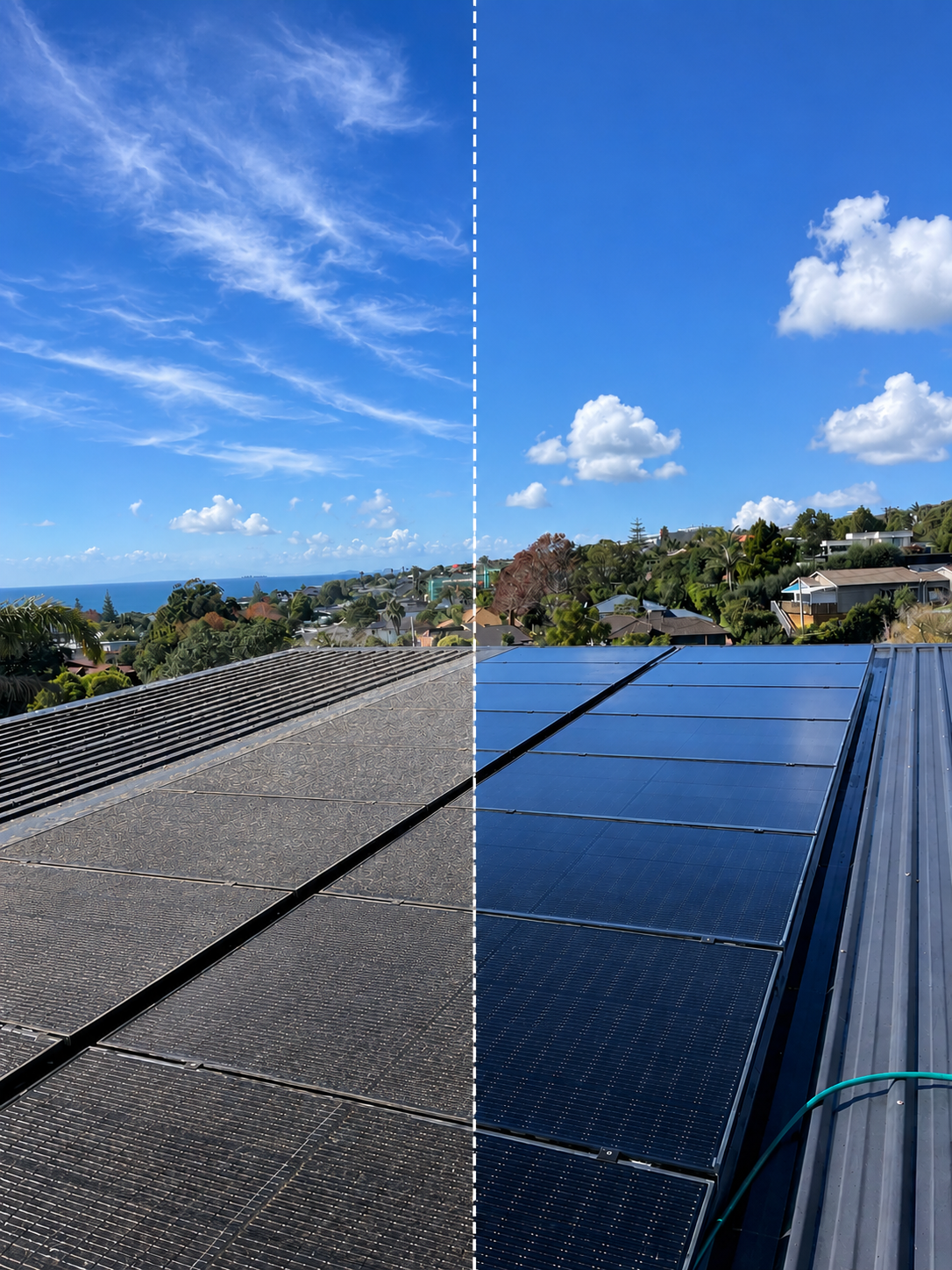 Comparison of roof with old dirty solar panels and new clean solar panels under a blue sky with clouds, showing improved clarity and shine on the new panels.