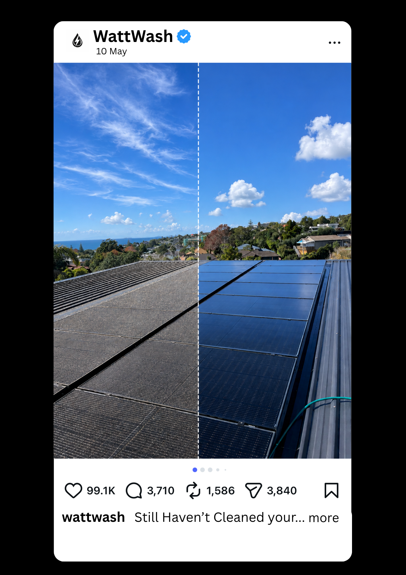 Comparison of a rooftop with solar panels before and after cleaning, showing the cleaned solar panels on the right side and dirty panels on the left side.