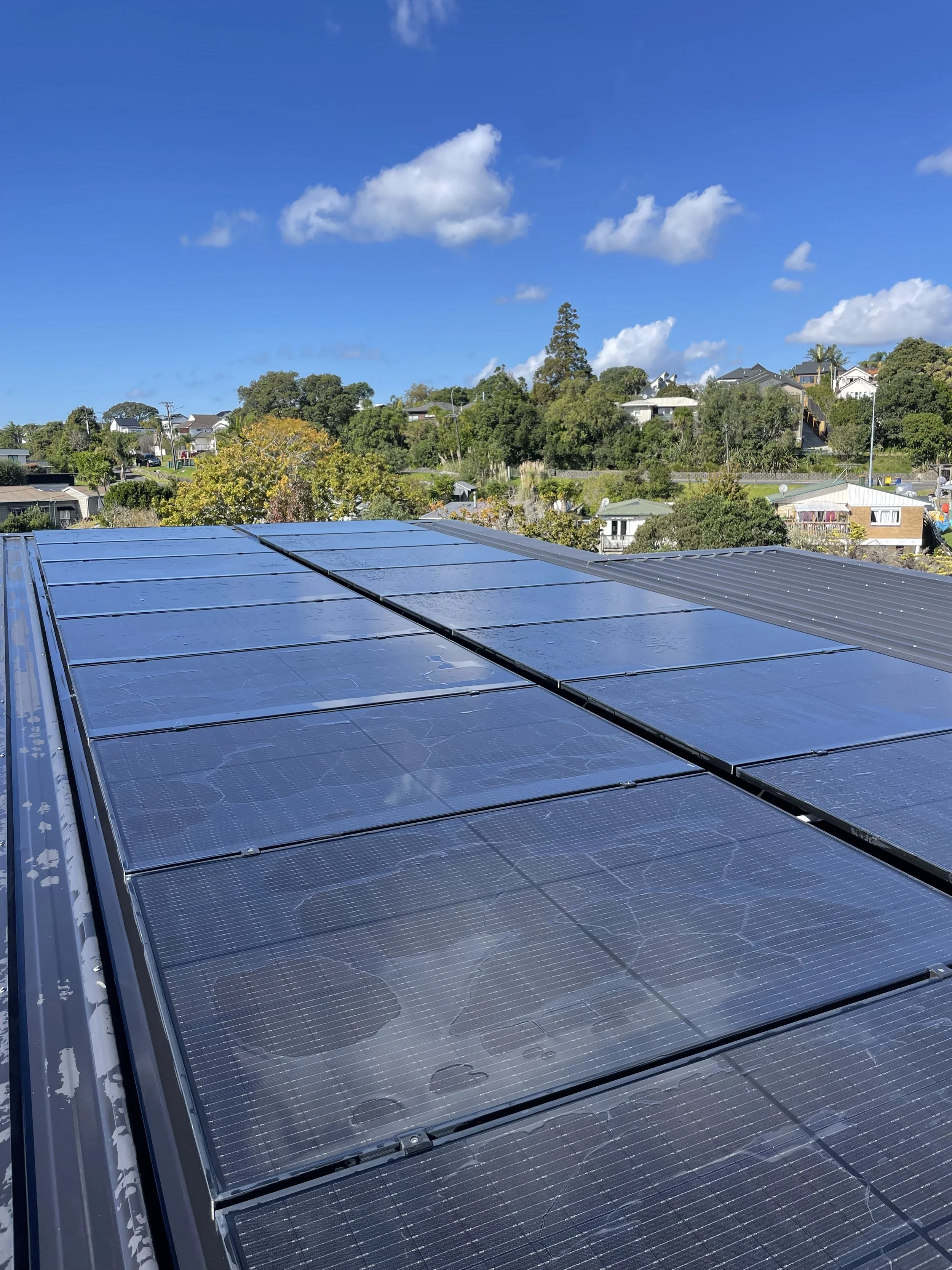 Freshly cleaned solar panels on roof in Auckland with blue skies in the background.