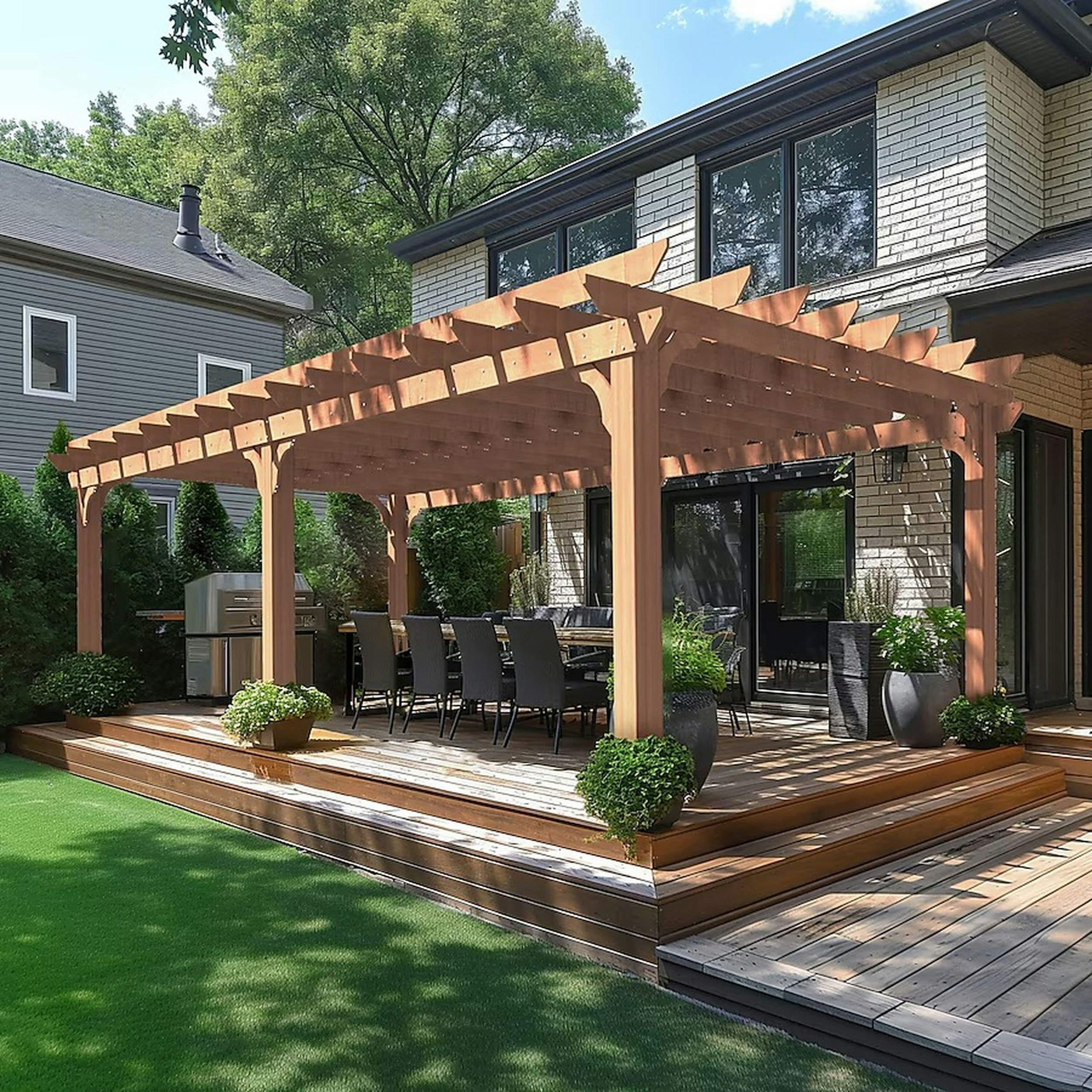 Backyard with a wooden pergola over a seating area, green grass, and surrounding trees and shrubs.