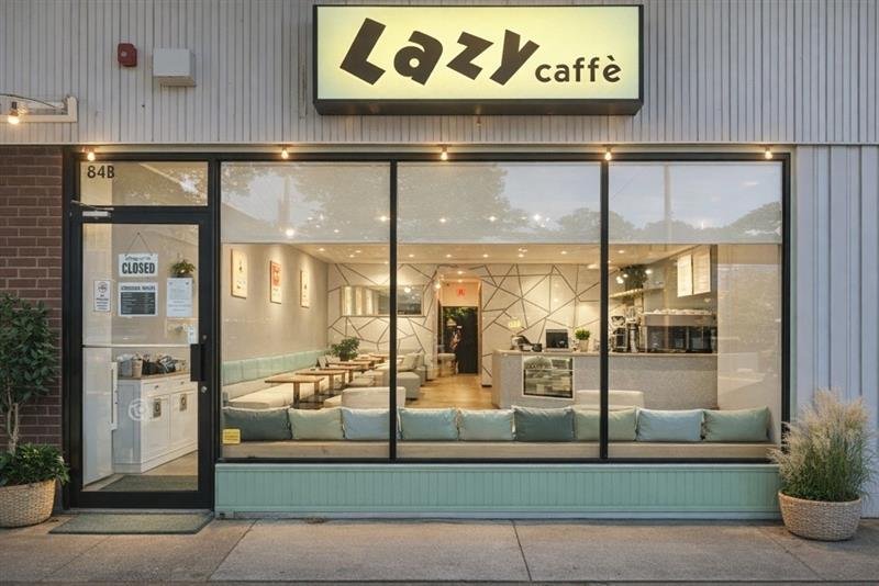 Exterior view of Lazy Caffé with large glass windows, showing a cozy interior with seating and a person inside, and a sign above the entrance.