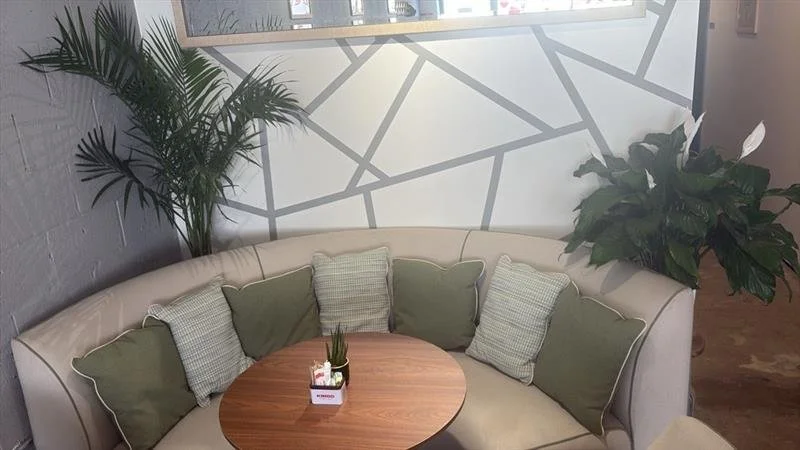 A curved beige sofa with green and plaid pillows, a small wooden table with a potted plant, and two large green plants against a white wall with gray geometric patterns.