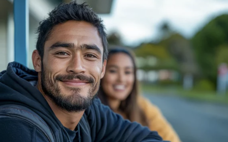 A young man with dark hair and a beard smiling at the camera, with a young woman smiling in the background outdoors on a cloudy day.