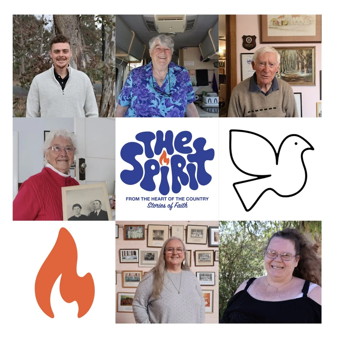 Collage of six photographs, including five people smiling, a logo for "The Spirit of the South" with a flame symbol and the tagline "Stories of Faith," a dove outline, and a flame icon.