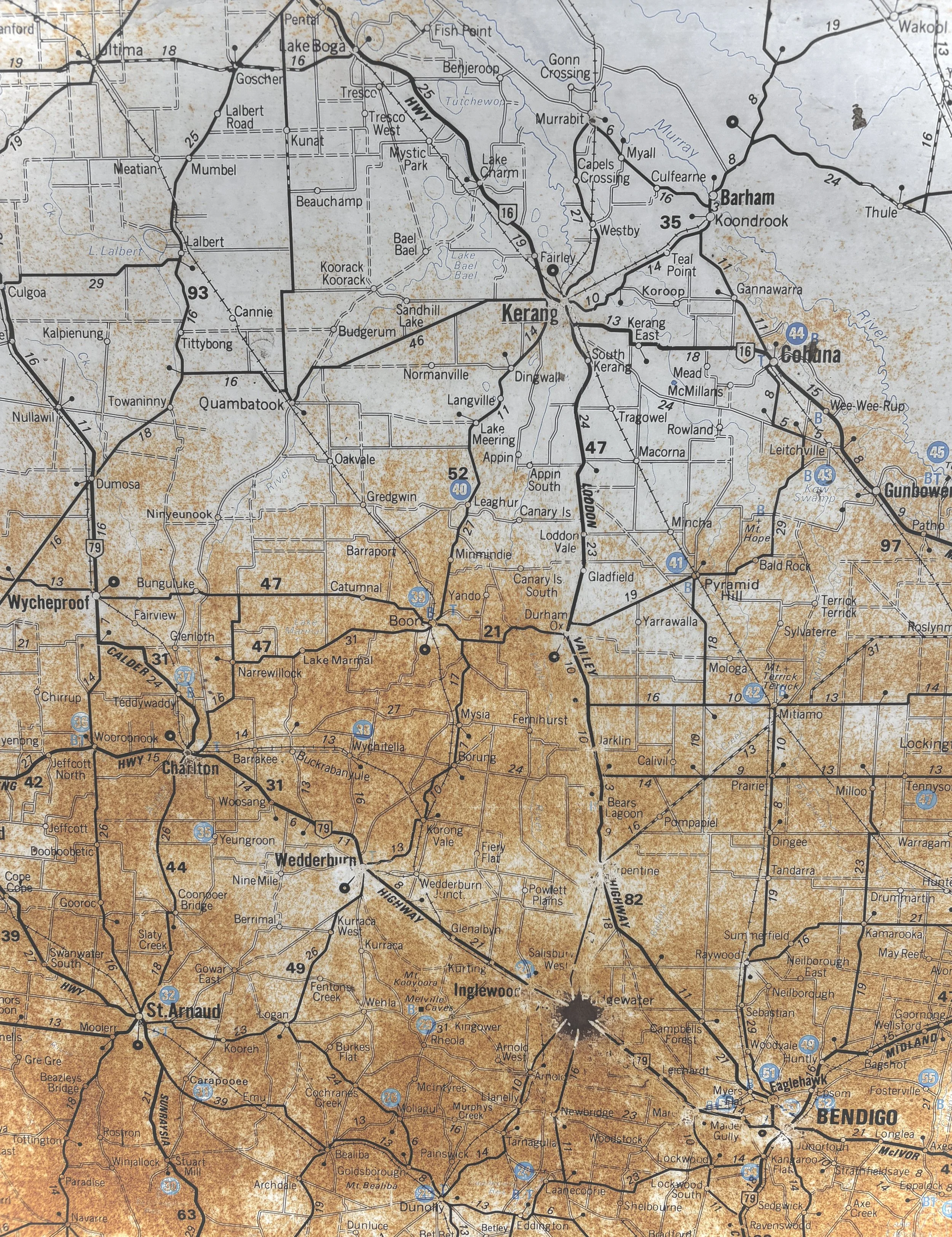 A detailed map showing roads, towns, lakes, and geographic features in a region in Australia, including Inglewood, Bendigo, Charlton, and surrounding towns.