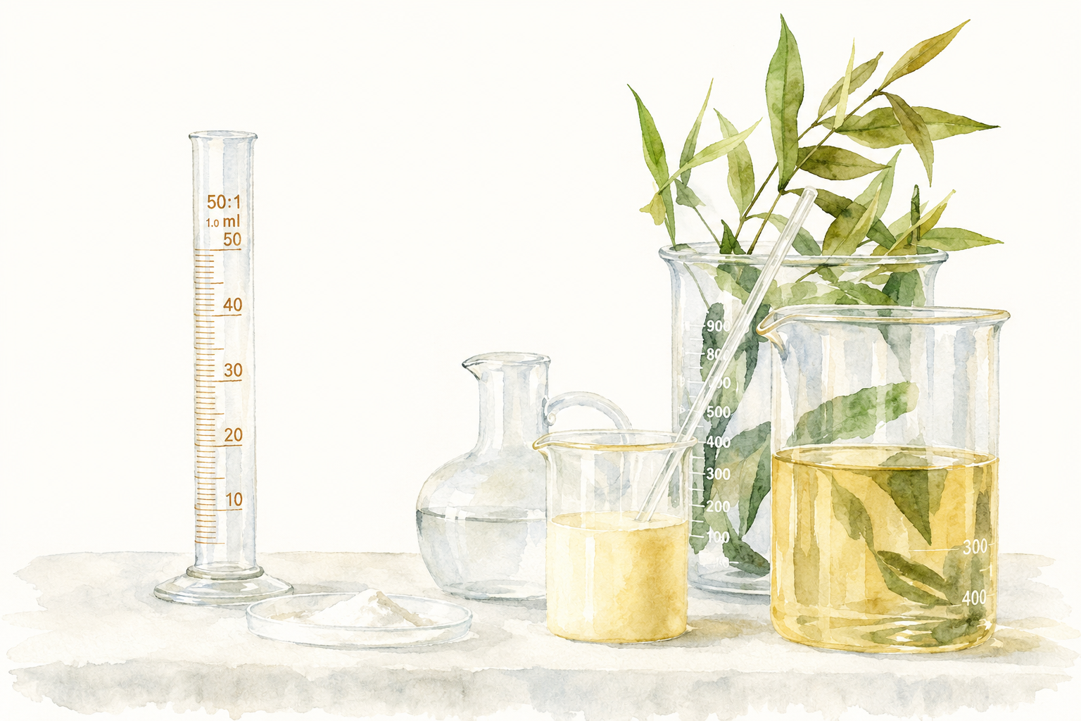 Watercolor botanical leaves, laboratory glassware, extracts, and powder representing botanical ingredient evaluation