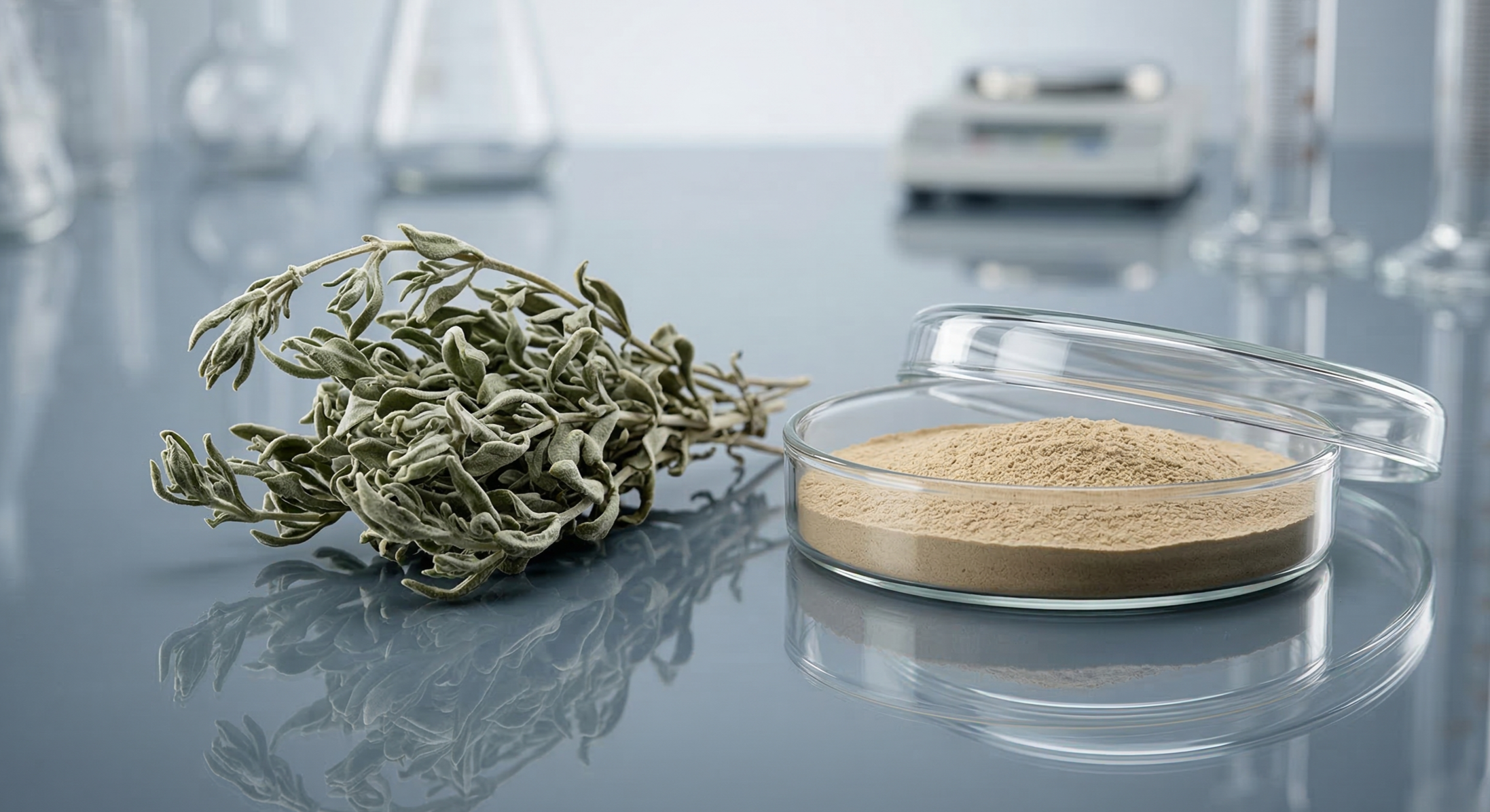 lightly dried plant leaves next to a glass petri dish of powdered concentrate