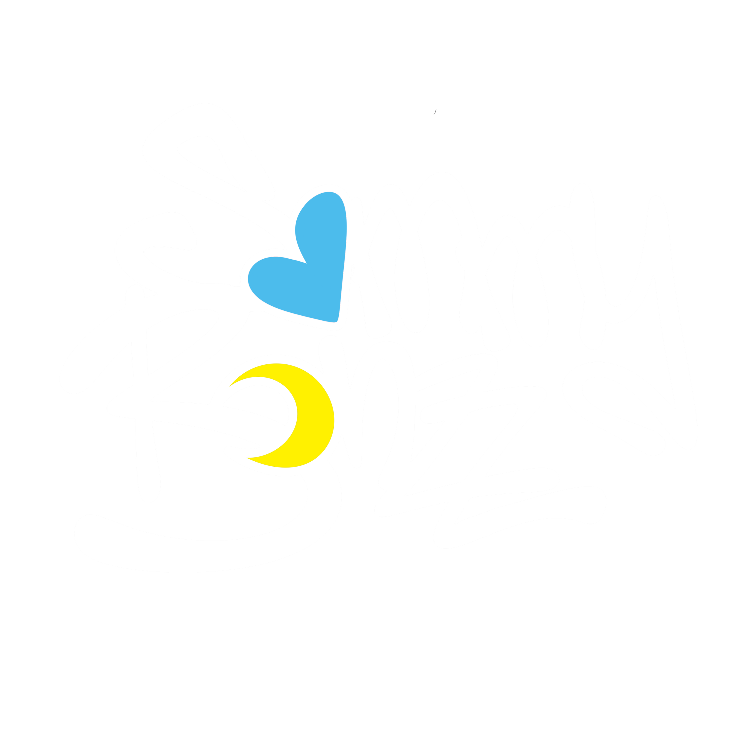 Stylized text in black and white with a blue heart and yellow crescent moon.
