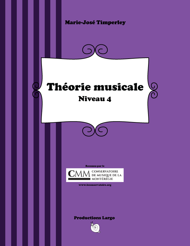 Couverture d'un manuel de théorie musicale pour le niveau 4, avec un fond violet et des bandes violettes foncées à gauche, titre en noir dans un cadre blanc, auteur Marie-José Timperley, publié par le Conservatoire de musique de la Montérie, site web