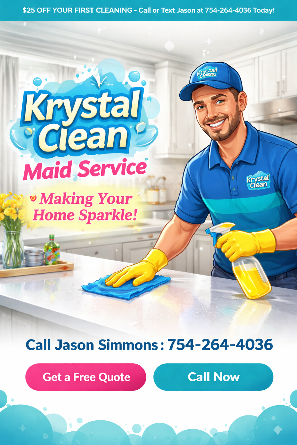 A smiling man in a blue uniform and yellow gloves cleaning a kitchen counter with a spray bottle and cloth. The background shows a bright, white kitchen with cabinets and a vase of yellow flowers. The advertisement promotes Krystal Clean maid service, offering discounts and contact information.