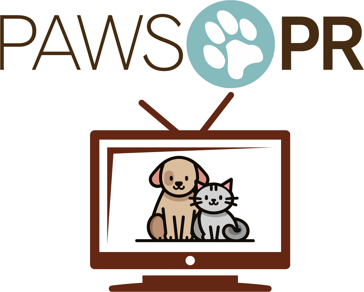Illustration of a dog and a cat sitting inside a vintage television set, with the word 'Paws' and a paw print icon above.