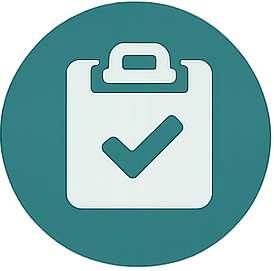 A clipboard with a checkmark on it inside a circular green background.