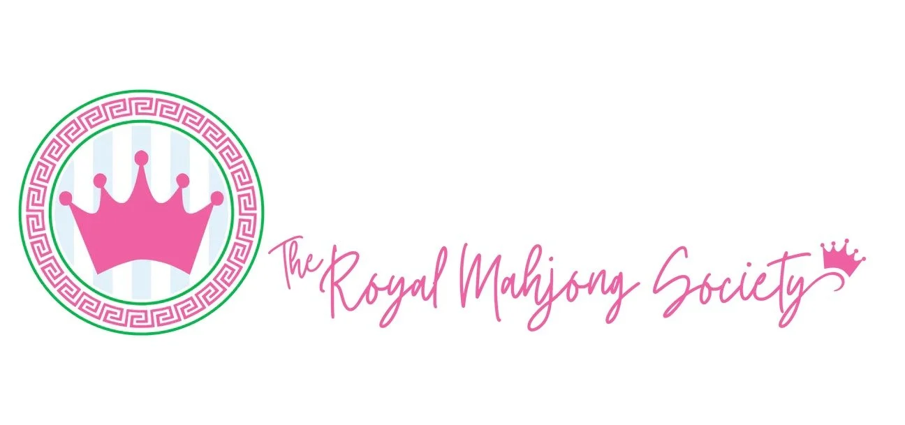 Logo of The Royal Mahjong Society with a pink crown icon, green and pink circular border, and pink cursive text.