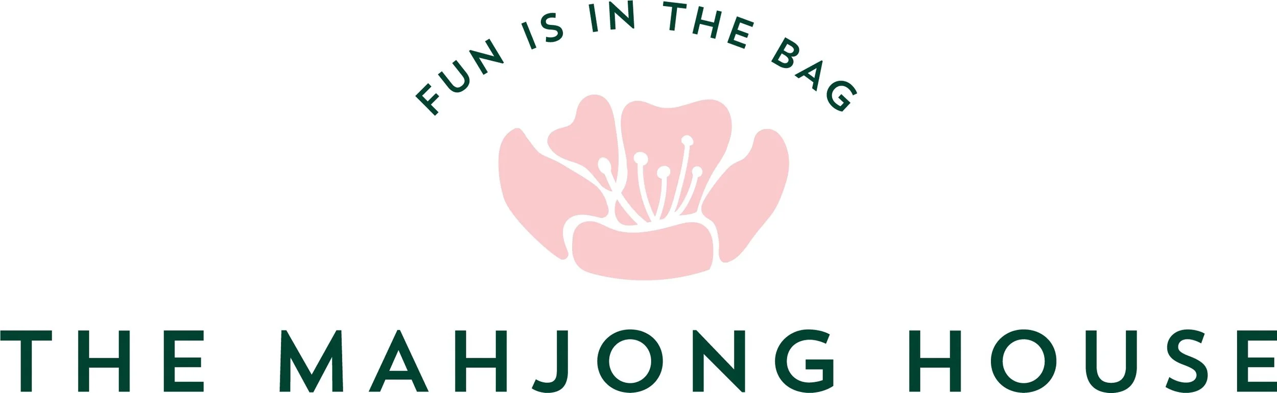 Logo for The Mahjong House featuring a pink stylized flower with the words 'Fun is in the Bag' above and 'The Mahjong House' below.